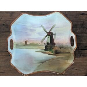 Antique Nippon Hand Painted Windmill Scenic Tray Handled Dish